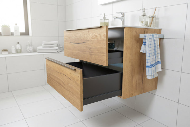 GEBA Waschtischunterschrank mit Waschtisch, grifflos, vormontiert – in 80/90/100 cm Breite, Farben Eiche natur oder Weiß