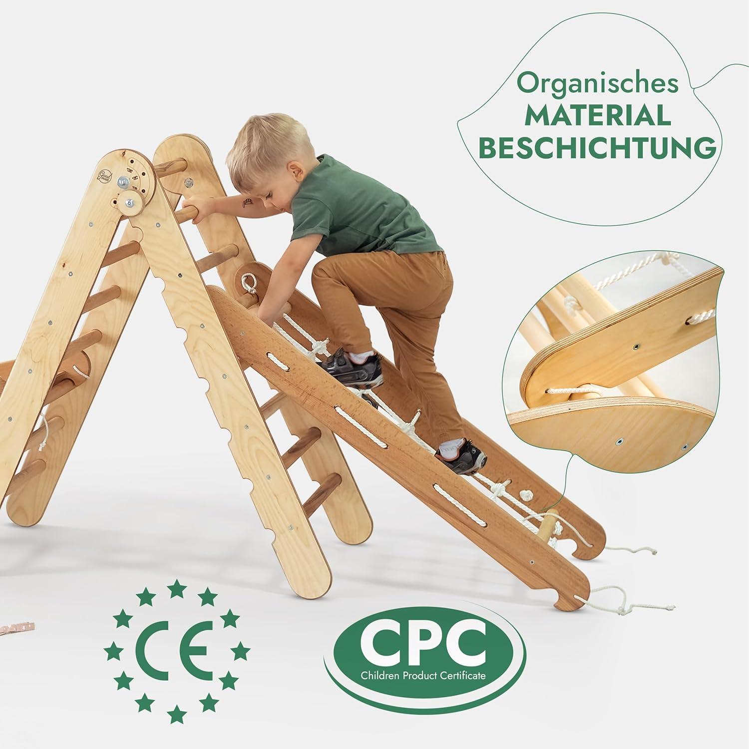 4in1 Montessori Klettergerüst Set: Kletterdreieck mit Rutsche, Kletterbogen, Kletternetz, für Kinder 1-7 Jahre – Beige