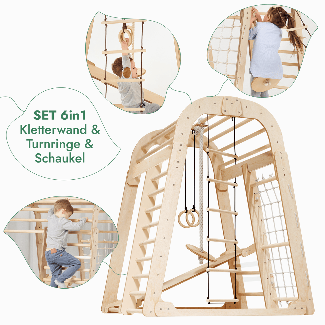 6in1 Indoor Spielplatz für Kinder: Klettergerüst mit Kletternetz, Rutsche, Gymnastikringe, Hängende Leiter und Disc-Schaukel – Beige