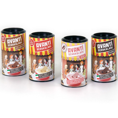 AVANTI Trinkschokolade Probierset – 4×30 g Mini-Dosen (Ruby, Weiß, Dunkel, Vollmilch) – italienisch cremig