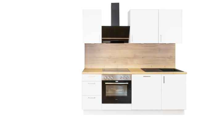 210cm GEBA Komplett-Küchenzeile – vormontiert mit oder ohne E-Geräten, Nischenrückwand & LED-Beleuchtung