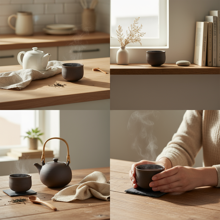 Ocha Teetasse Grau/Schwarz – handgemachte Matcha Tasse aus Keramik, 325 ml, natur außen & glasiert innen (Mannheim)