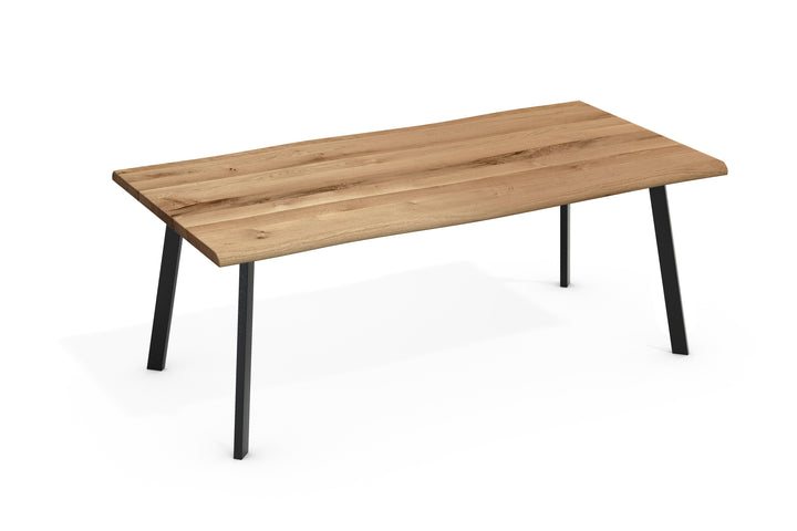 Esstisch LUKAS Eiche Massiv mit Baumkante – 4,5 cm Platte (aufgedoppelt), 4-Fuß Rechteckrohr schräg Metall Schwarz (180–240 cm)
