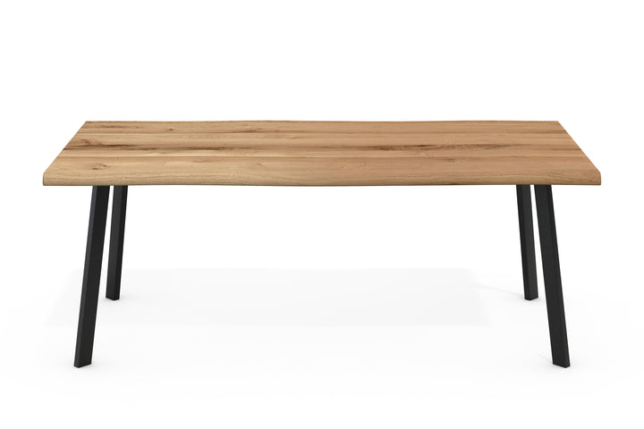 Esstisch LUKAS Eiche Massiv mit Baumkante – 4,5 cm Platte (aufgedoppelt), 4-Fuß Rechteckrohr schräg Metall Schwarz (180–240 cm)