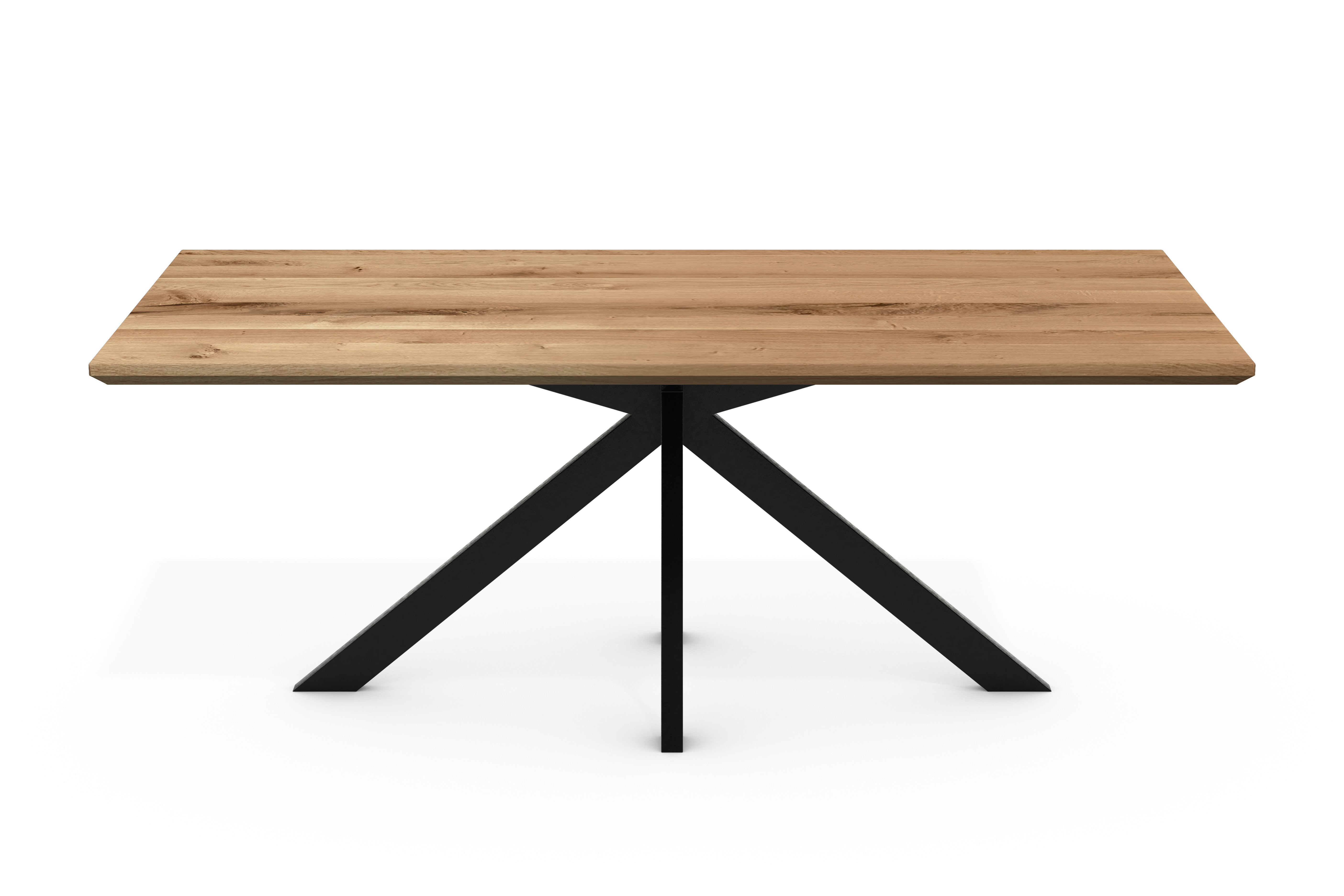 Esstisch ANTON Wildeiche Massiv mit Schweizer Kante – 3 cm Platte, Spider-Gestell Metall Schwarz, geölt (160–240 cm)