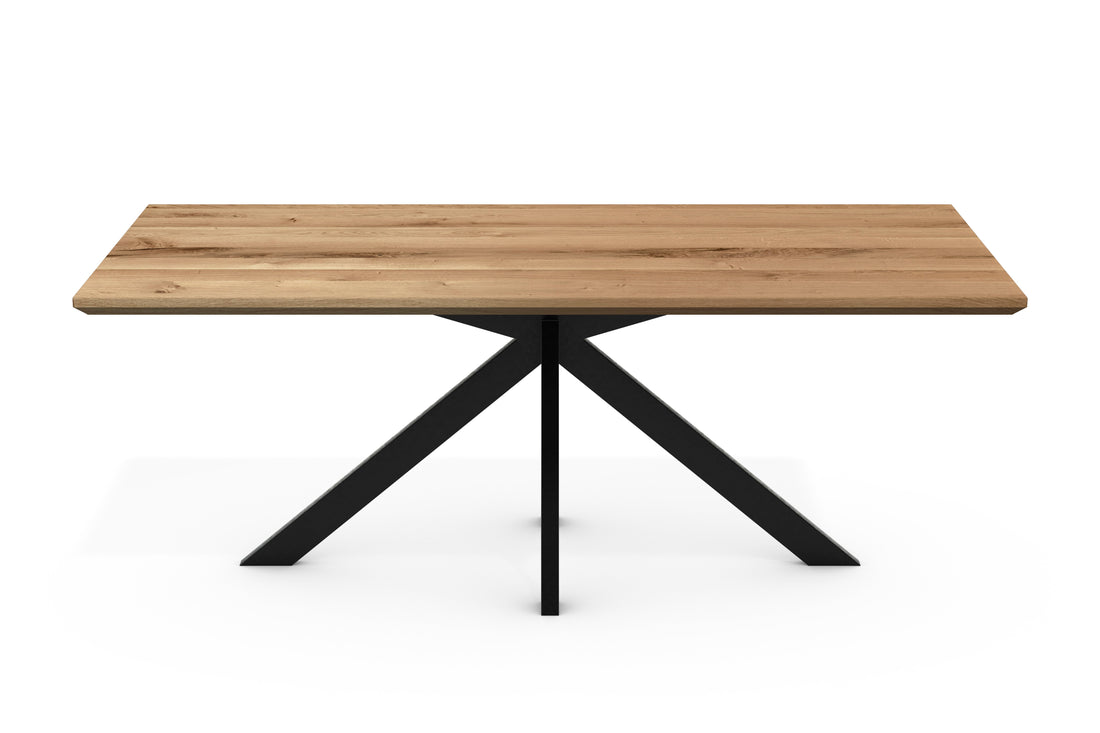 Esstisch ANTON Wildeiche Massiv mit Schweizer Kante – 3 cm Platte, Spider-Gestell Metall Schwarz, geölt (160–240 cm)