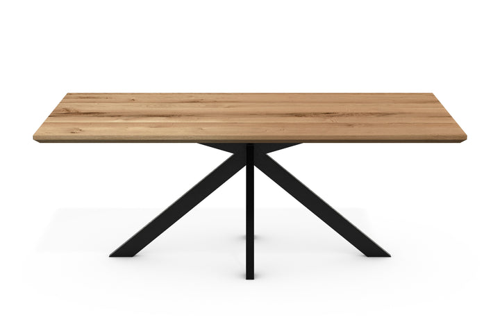 Esstisch ANTON Wildeiche Massiv mit Schweizer Kante – 3 cm Platte, Spider-Gestell Metall Schwarz, geölt (160–240 cm)