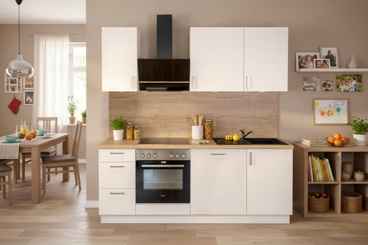 210cm GEBA Komplett-Küchenzeile – vormontiert mit oder ohne E-Geräten, Nischenrückwand & LED-Beleuchtung