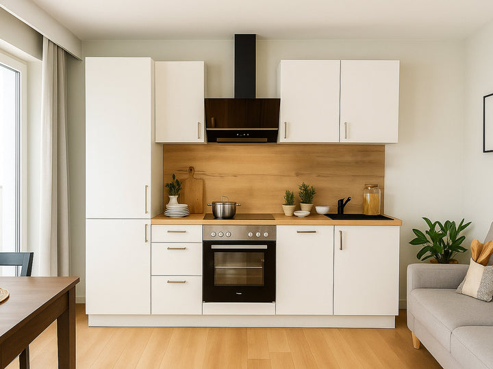 270cm GEBA Komplett-Küchenzeile  – vormontiert mit oder ohne E-Geräten, Nischenrückwand & LED-Beleuchtung