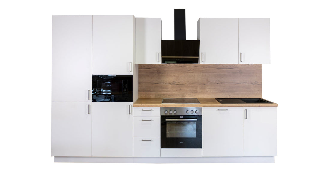 330cm GEBA Komplett-Küchenzeile – vormontiert mit oder ohne E-Geräten, Nischenrückwand & LED-Beleuchtung