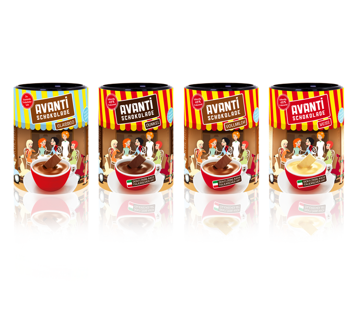 AVANTI Trinkschokolade 4er Mix – 4×400 g Dosen (Weiß, Vollmilch, Dunkel, Classic) – italienisch cremig & ohne Zusätze