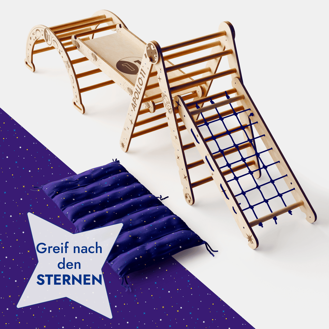 Apollo 5-in-1 Kletterset: Pikler-Dreieck, Kletterbogen, Rutschbrett, Kissen und Netz für kleine Astronauten