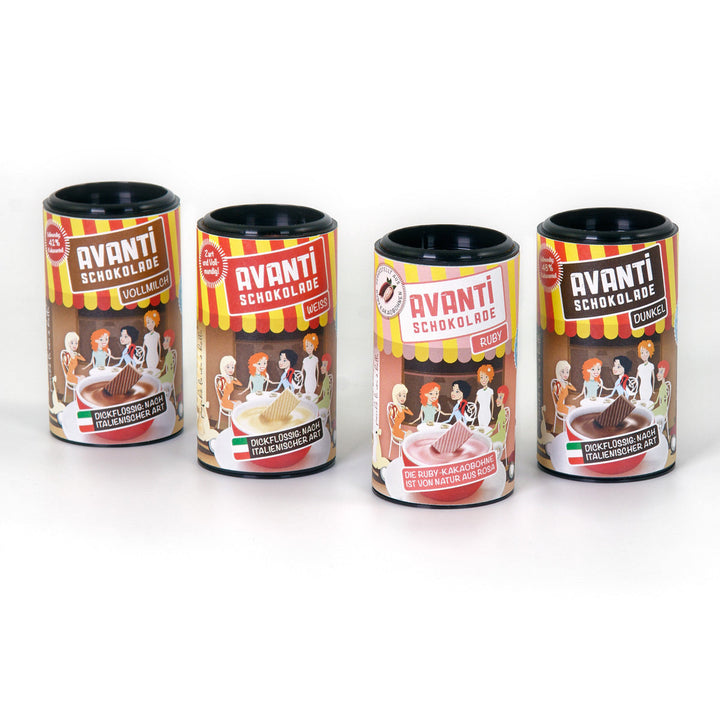 AVANTI Trinkschokolade Probierset – 4×30 g Mini-Dosen (Ruby, Weiß, Dunkel, Vollmilch) – italienisch cremig