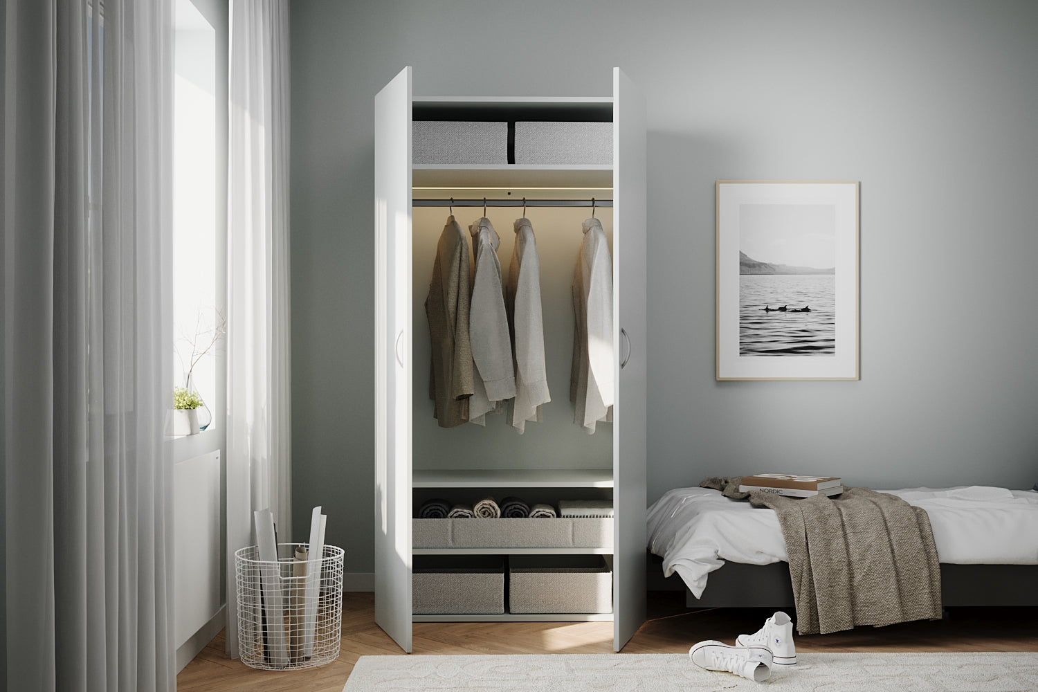 GEBA SmartLine Kleiderschrank 100 cm – Weiß mit LED-Beleuchtung & Soft-Close (Made in Germany)